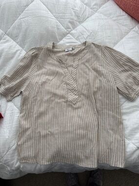 Kim Rogers Beige and White Striped Short Sleeve Top